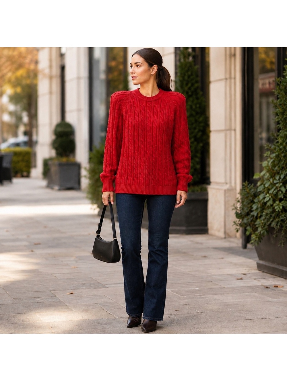 Vintage Ports International Red Pure Wool Cable Knit Sweater Padded Shoulder